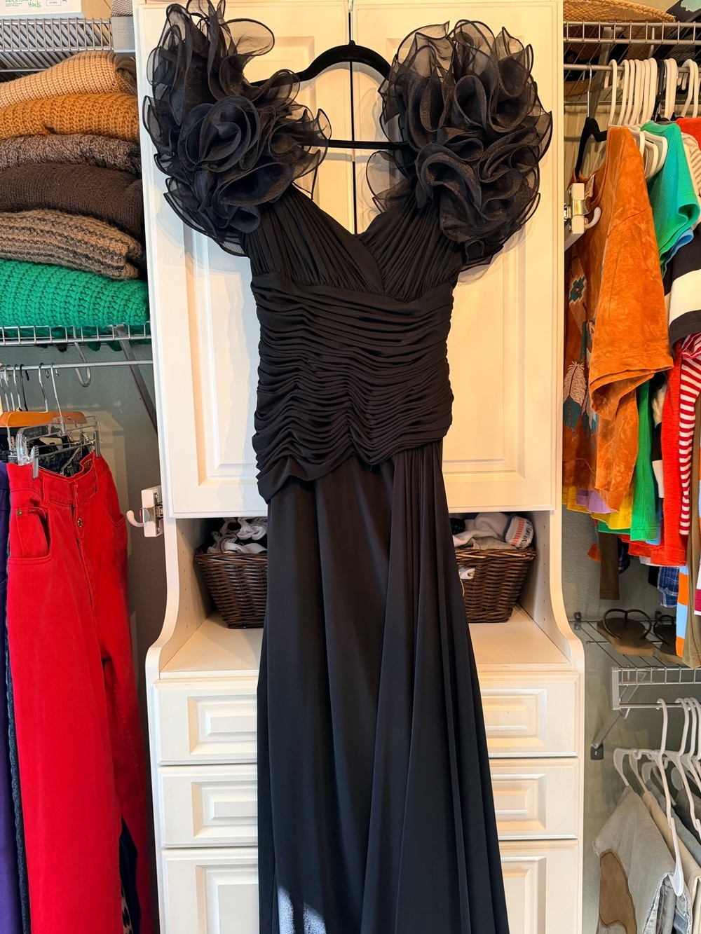 Vintage Lillie Rubin Black Gown with On or Off the Shoulder Statement Ruffles
